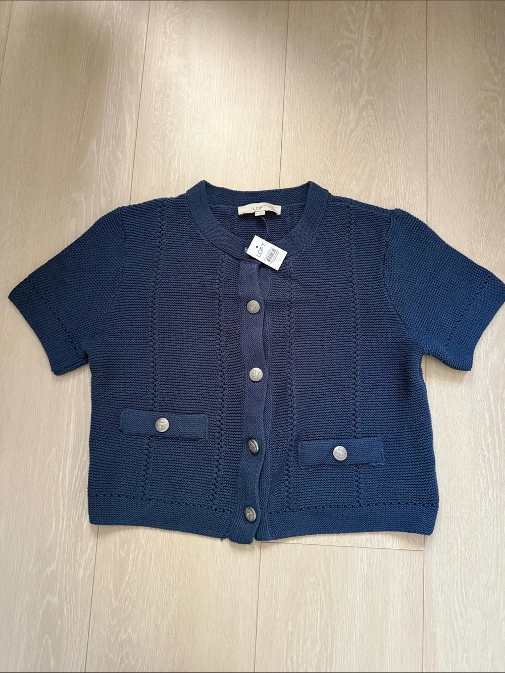 LOFT Short-Sleeve Knit Cardigan in Blue - Picture 3 of 9